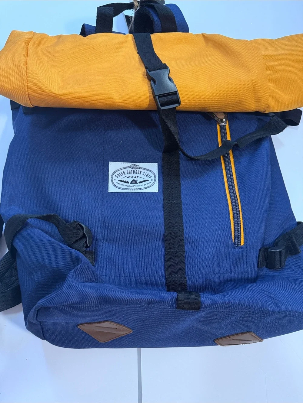 Roll-Top Navy Backpack with Mustard Accent